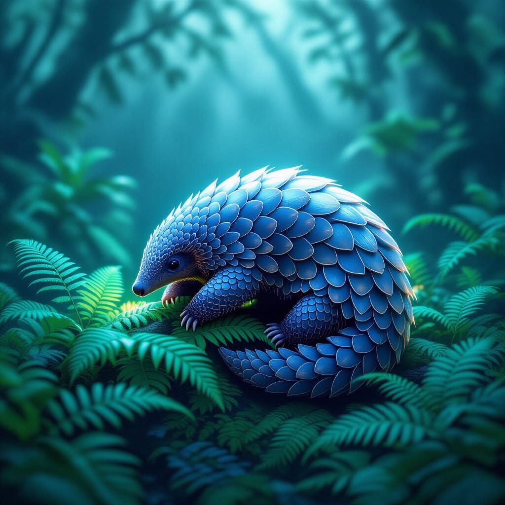 Bioluminescent Pangolin in Dreamlike Rainforest, Digital Pai...