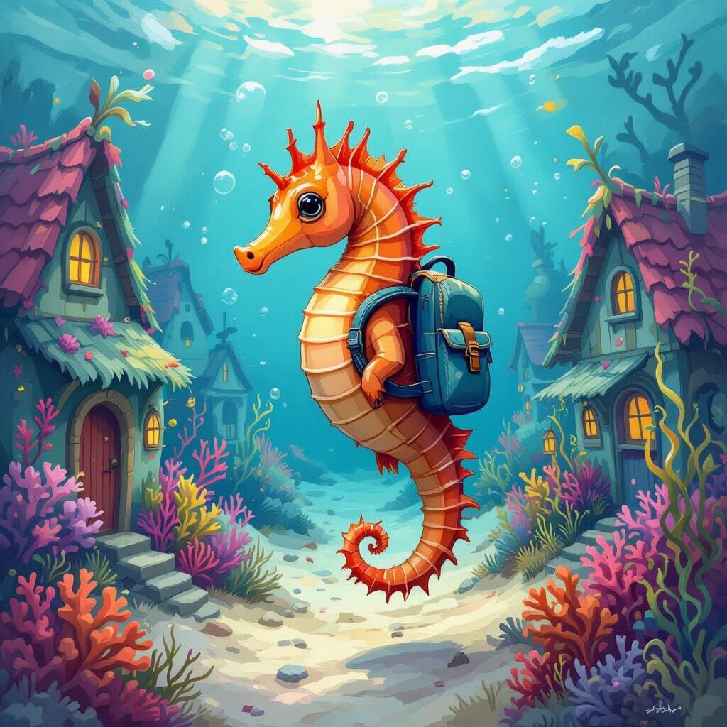 Seahorse with Backpack in Whimsical Ocean Village