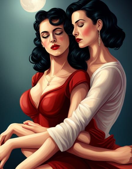 two beautifully elegant women hugging and embracing, in the style of lesbian pulp noir fiction paperback covers, art by ...