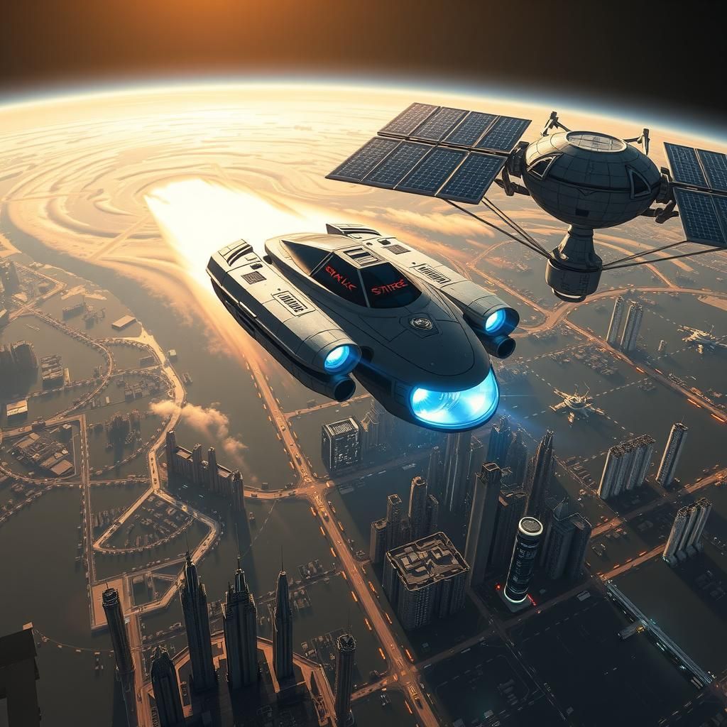 Courier Spaceship Exiting Hyperspace Near Urban Planet