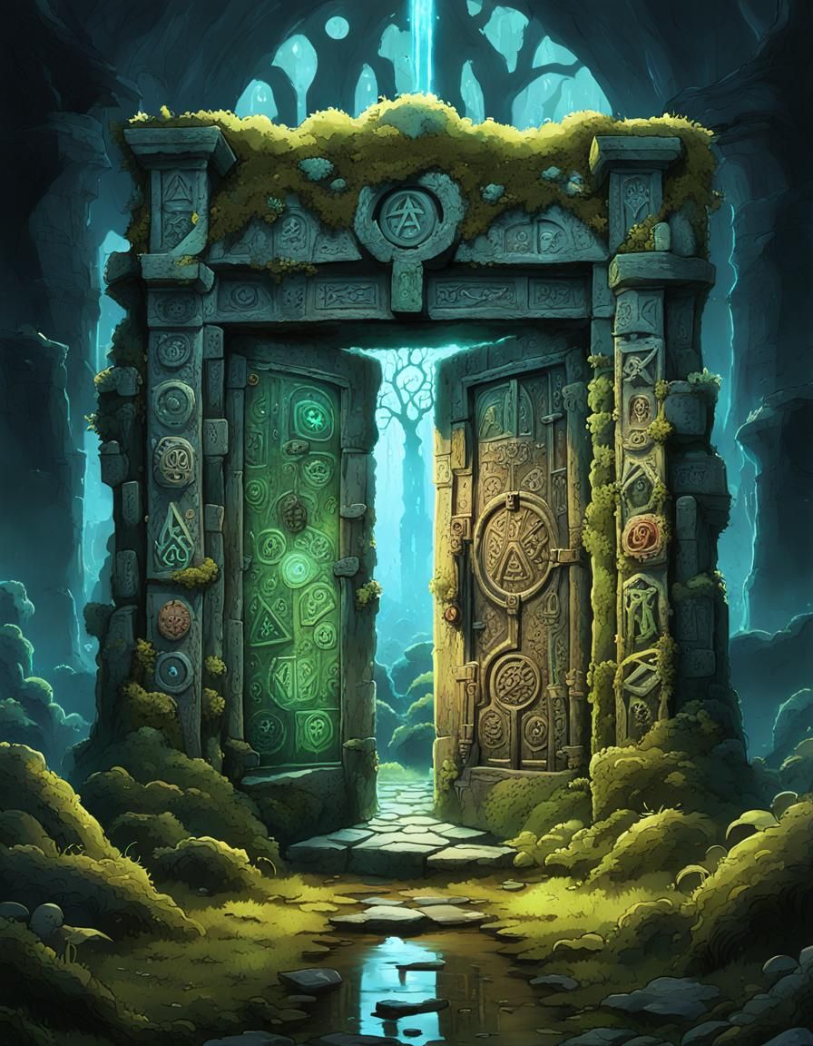 Enchanted Stone Door in Bioluminescent Dungeon