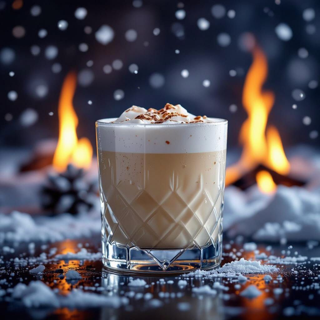 White Russian Cocktail with Surreal Fire and Snow Background