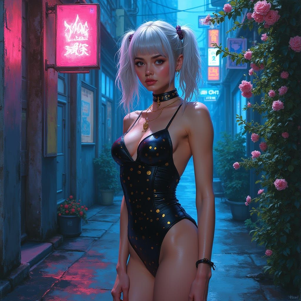 Cyberpunk Woman in Neon Alleyway as Impasto Painting
