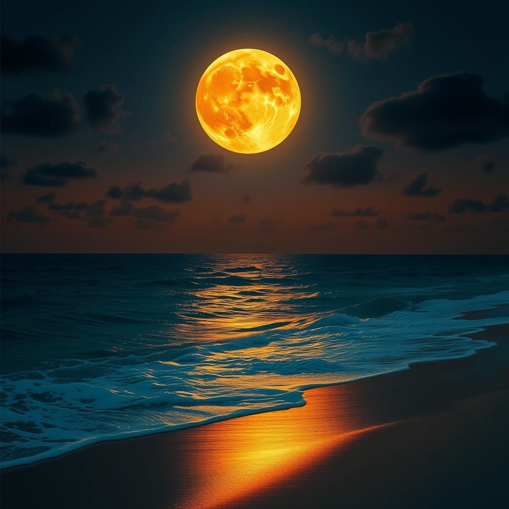 Tranquil Beach Scene Under a Waning Moon