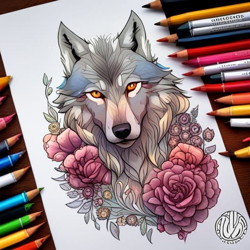 Detailed Coloring Book Wolf Portrait with Flowers