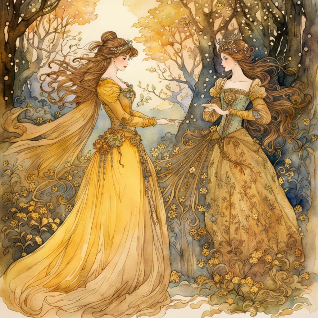 Golden Forest Fairytale with Ladies in Arthur Rackham Style
