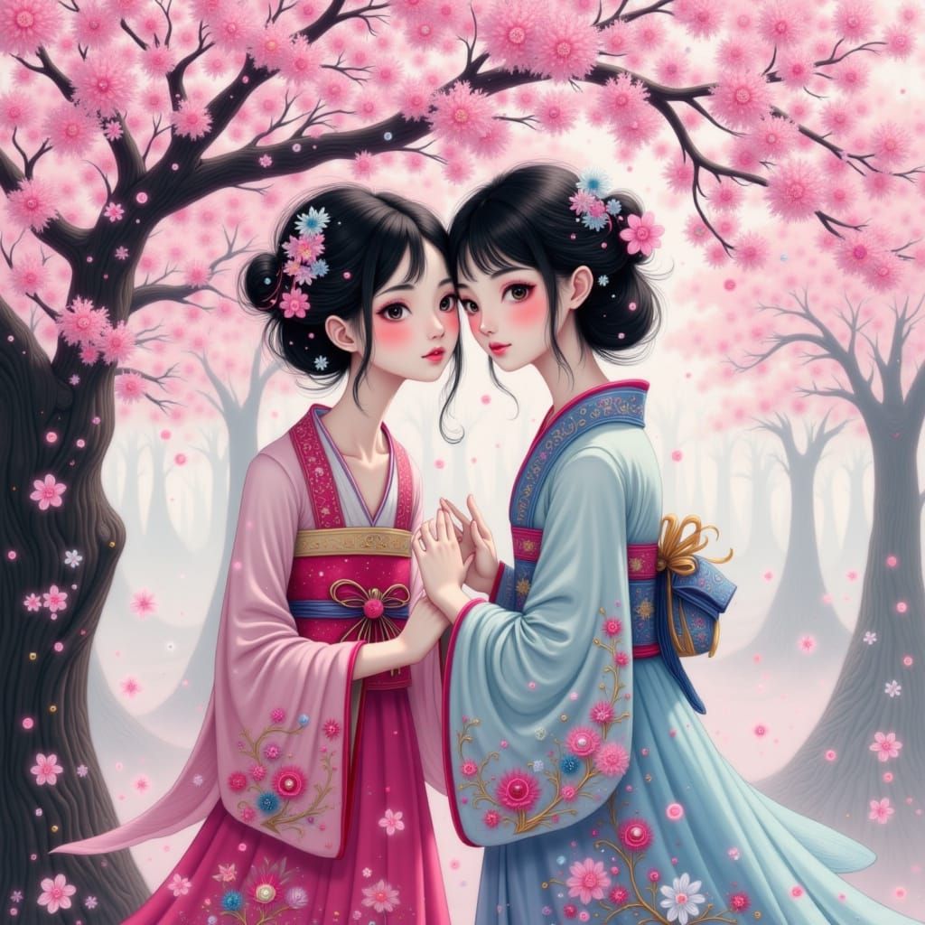 Woman Whispering Among Cherry Blossoms in Whimsical Style