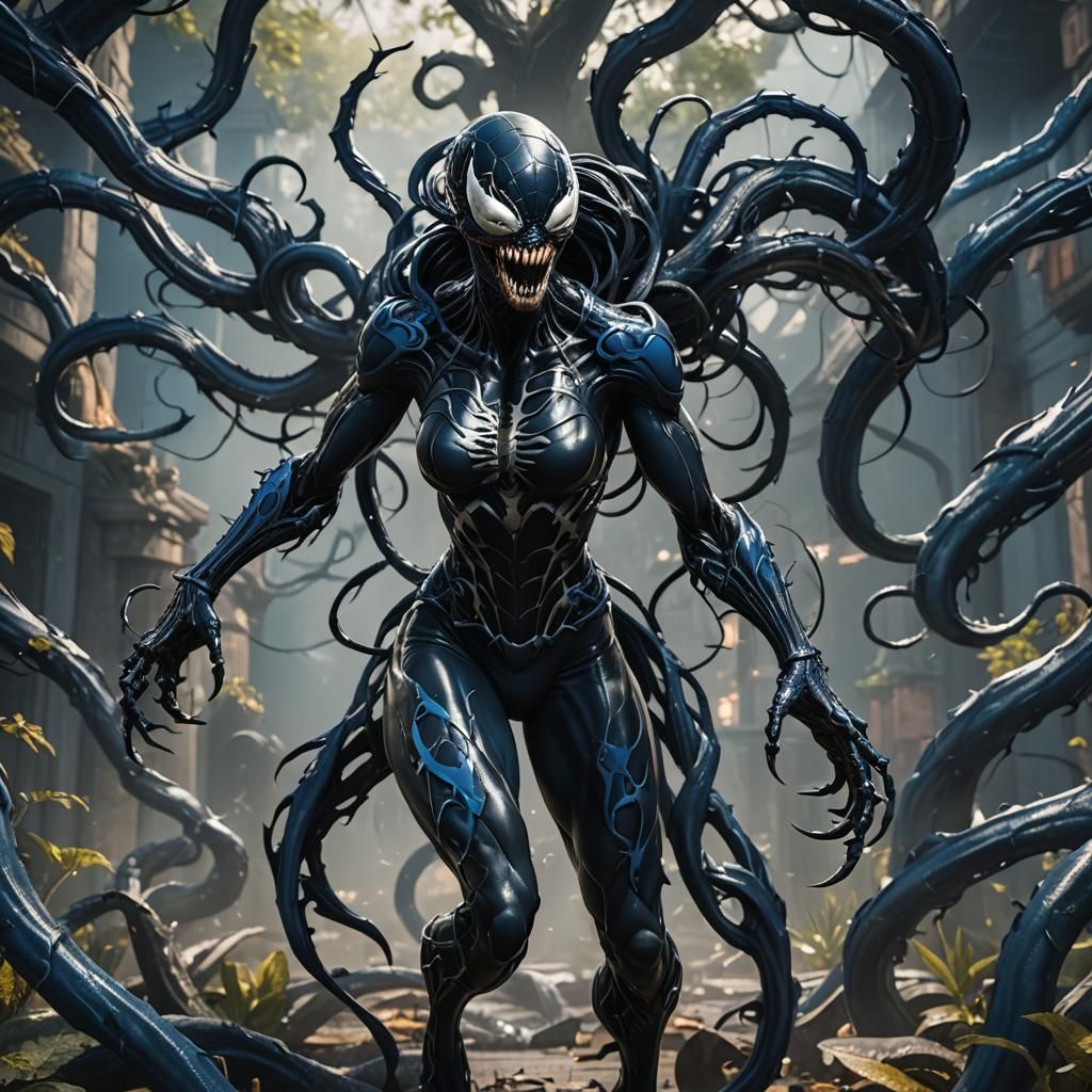 Blue Female Venom Symbiote in Detailed Matte Painting
