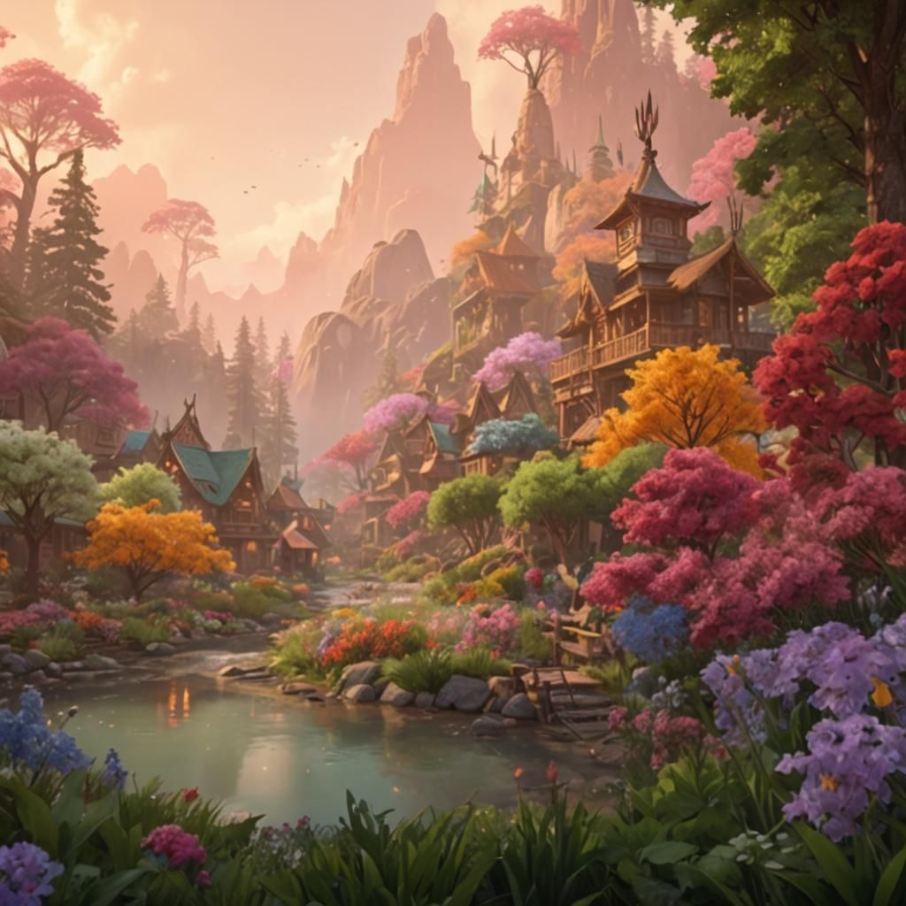 Native American Town in Floral Forest, Detailed Matte Painti...