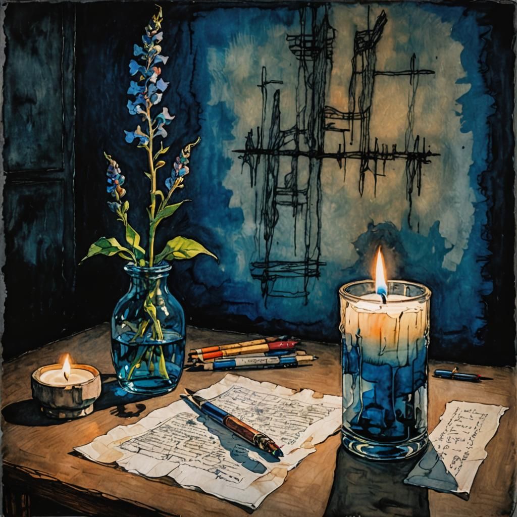 Romantic Candlelit Desk in Expressionist Style