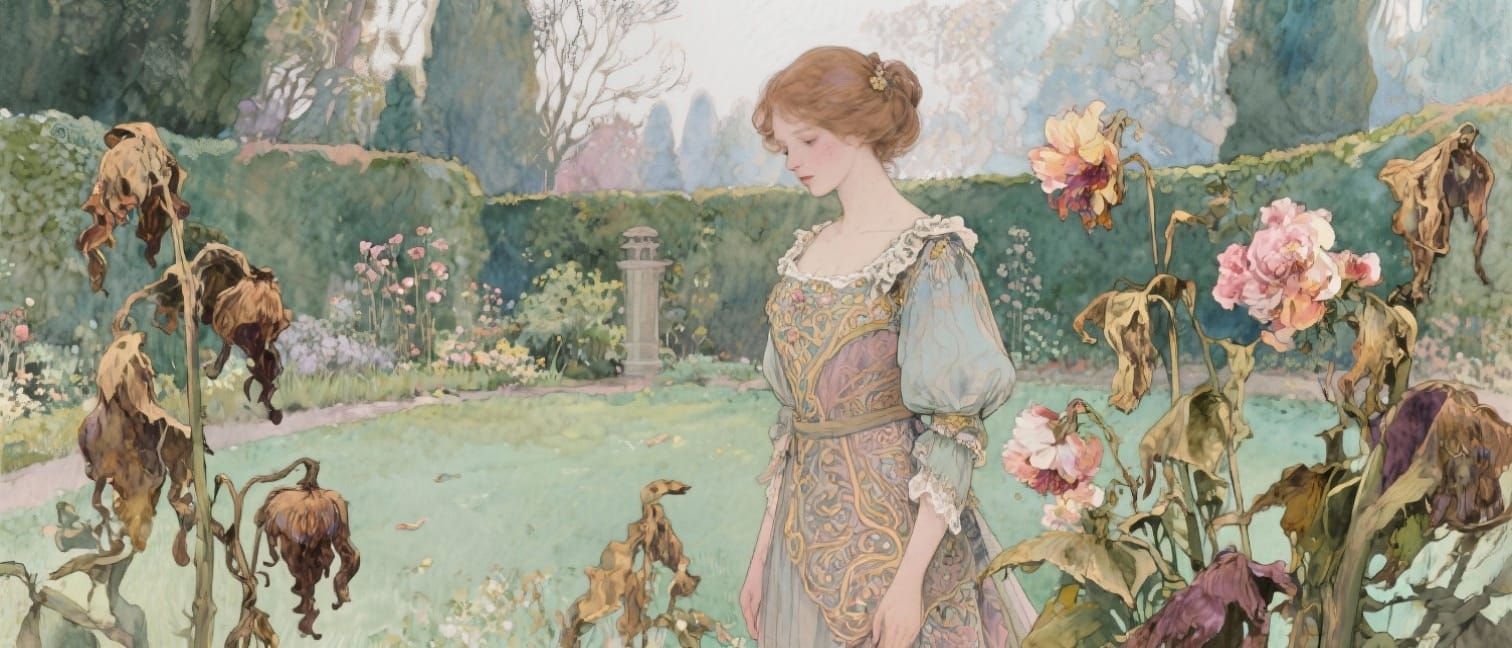 Melancholy Woman in Vintage Garden, Mucha Style