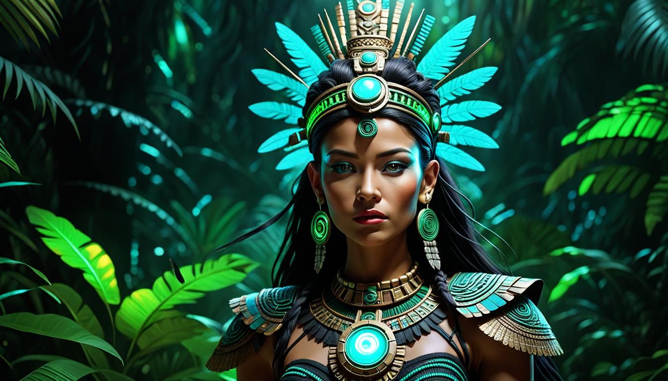 Dark Jungle Mayan Queen in Nuclearpunk Style