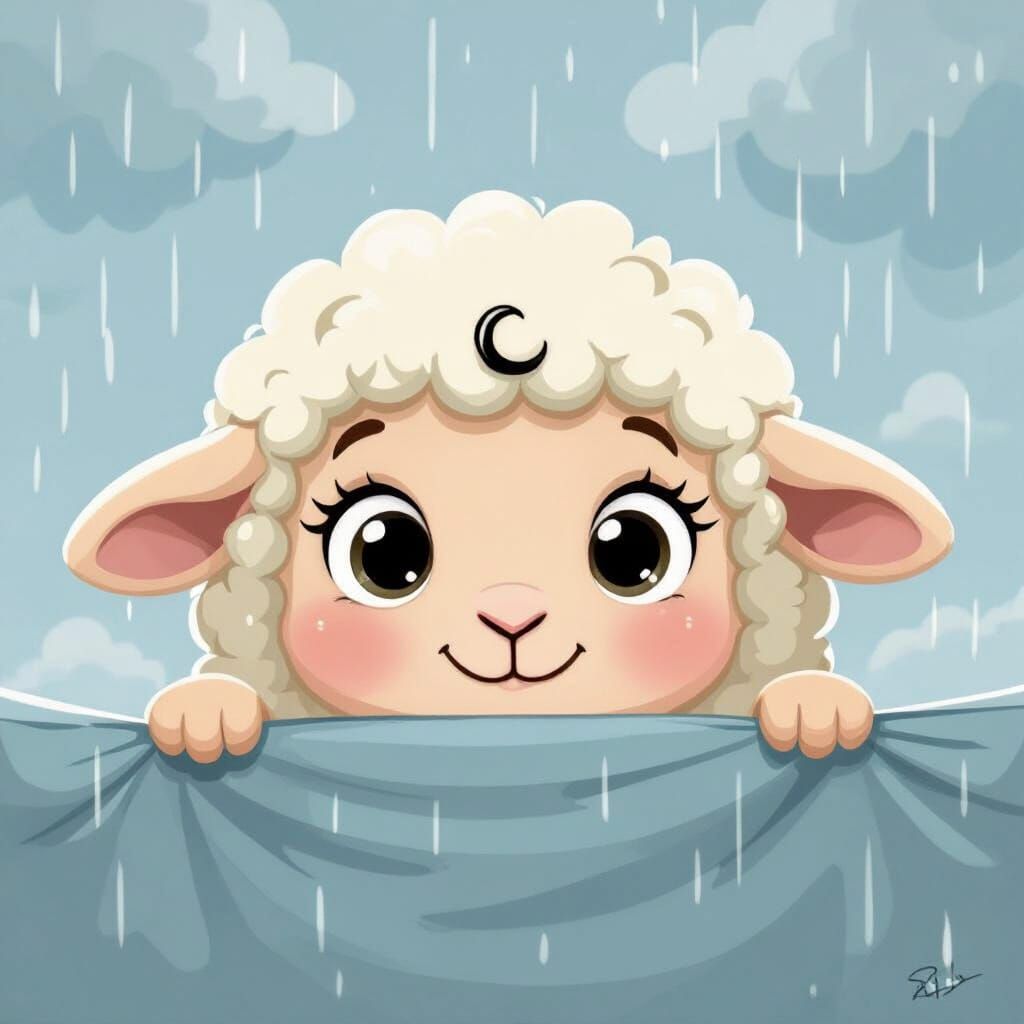 Cute Cartoon Sheep in Gentle Rain