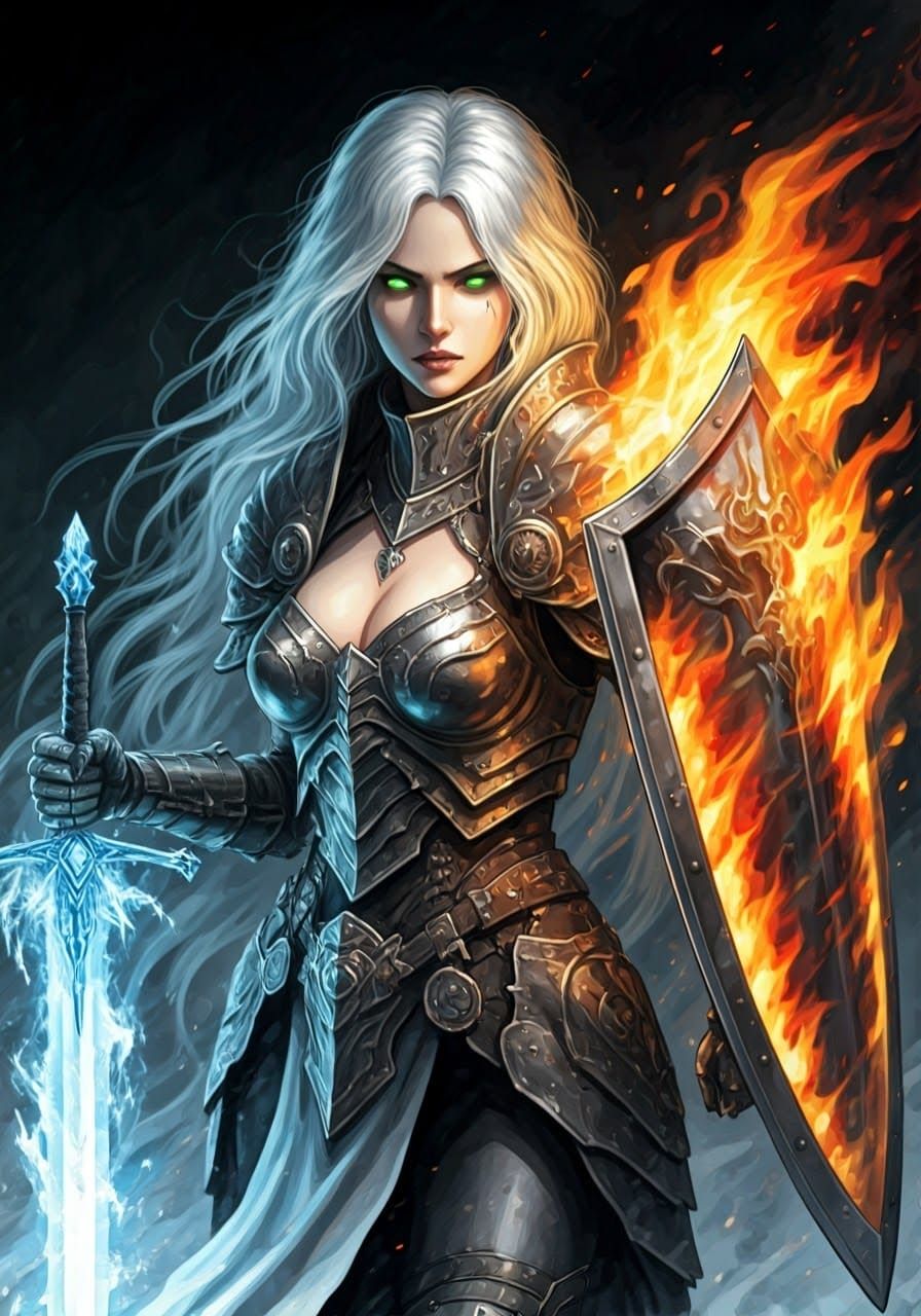 Ethereal Fantasy Warrior with Frosty Sword and Blazing Shiel...