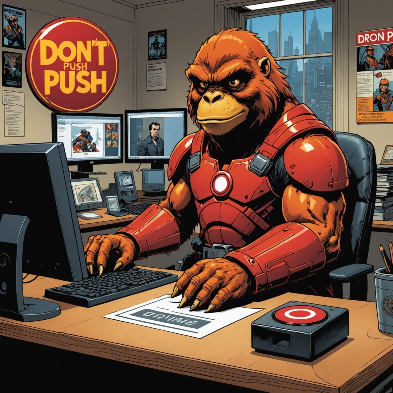 Orangutan Contemplates Giant Red Button in a Comic Book Art ...