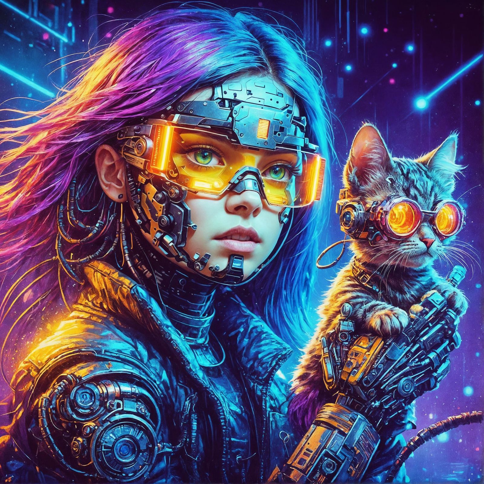 Cyberpunk Girl and Robotic Cat Portrait in 8K