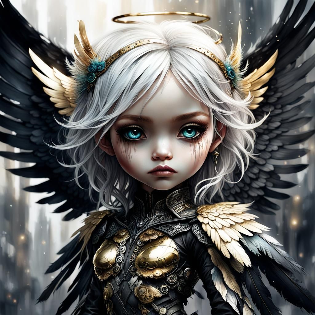 Chibi Dark Angel with Platinum Hair and Feather Wings