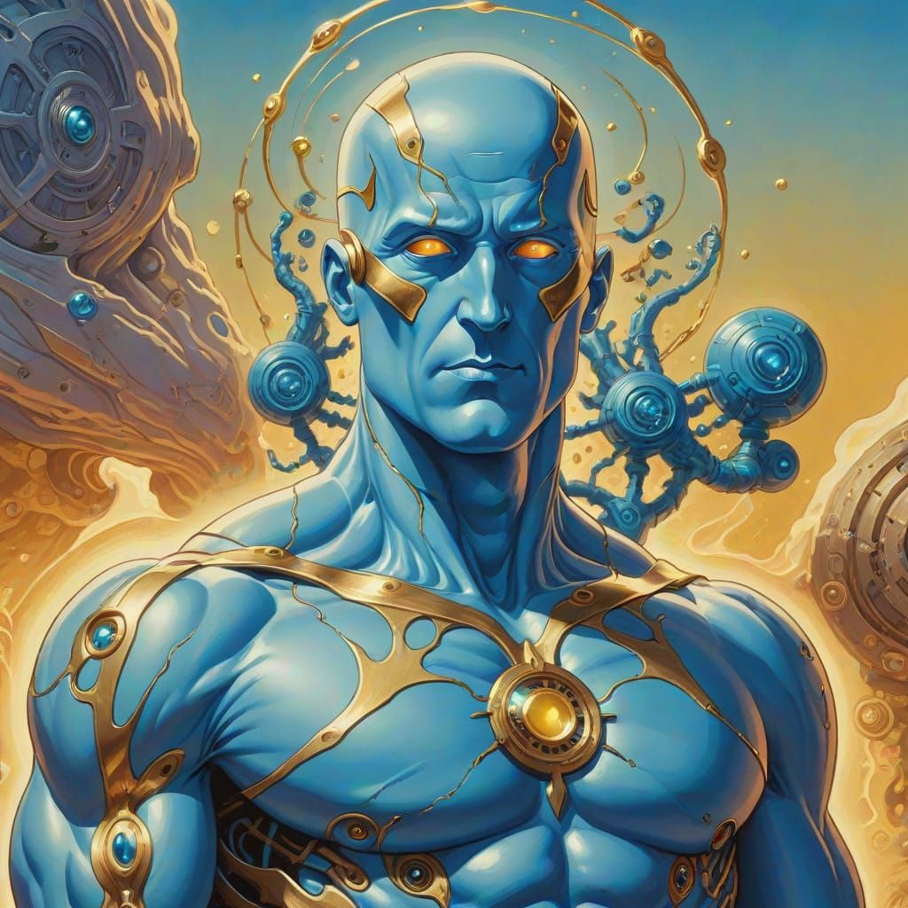 Dr. Manhattan: Surreal Gouache Painting in Golden Light