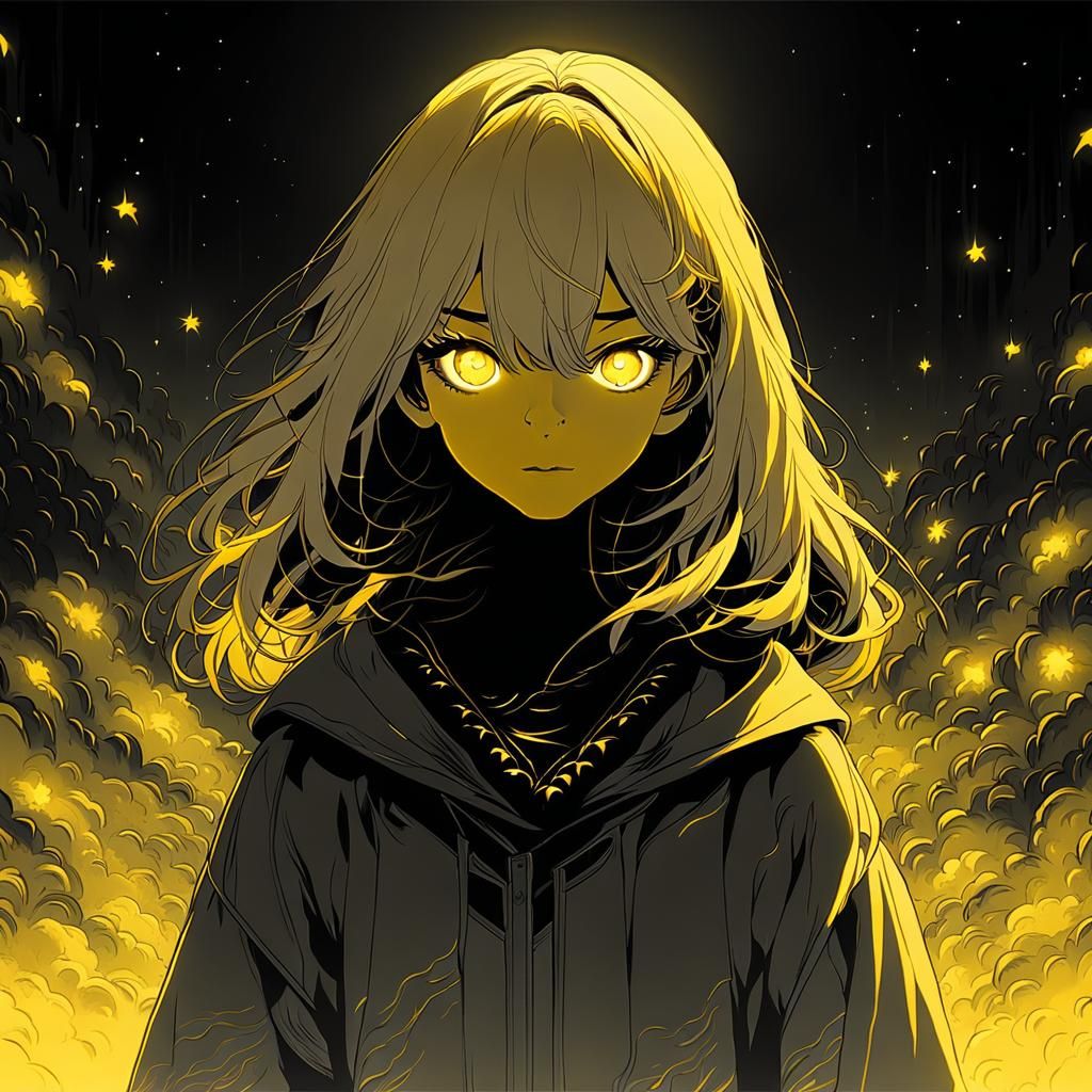 Vibrant Anime Goddess with Glowing Yellow Hair and Starlit E...