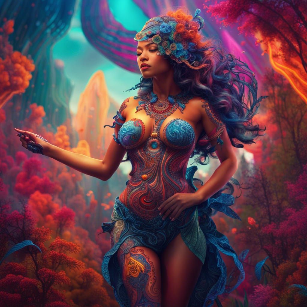 Psychedelic Woman in Nature Theme, Detailed Art