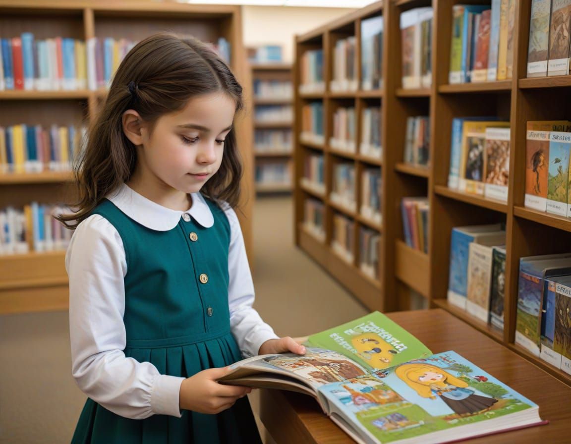 Little Girl Reads Book in School Library