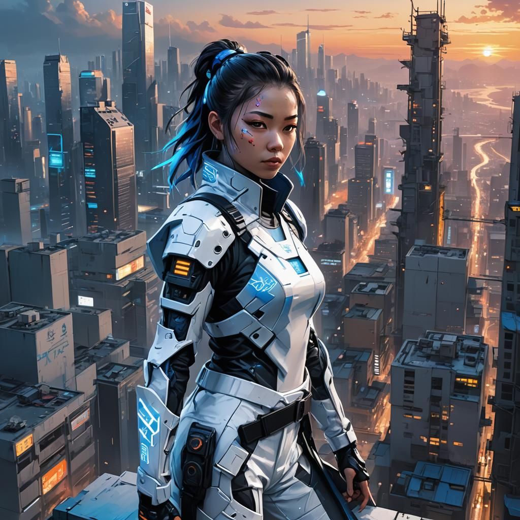 Cyberpunk Ninja Overlooking Futuristic Megacity