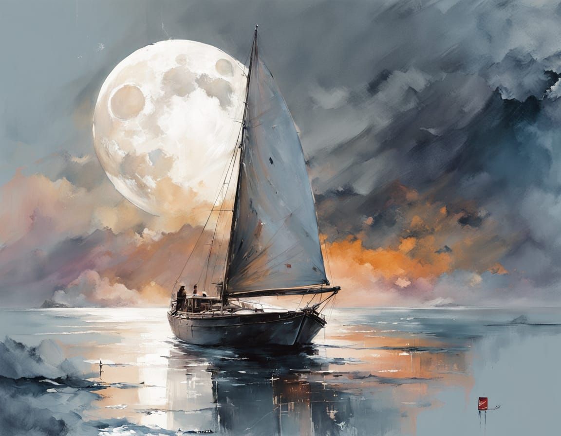 Sailboat on Moonlit Ocean at Twilight: Watercolor Art