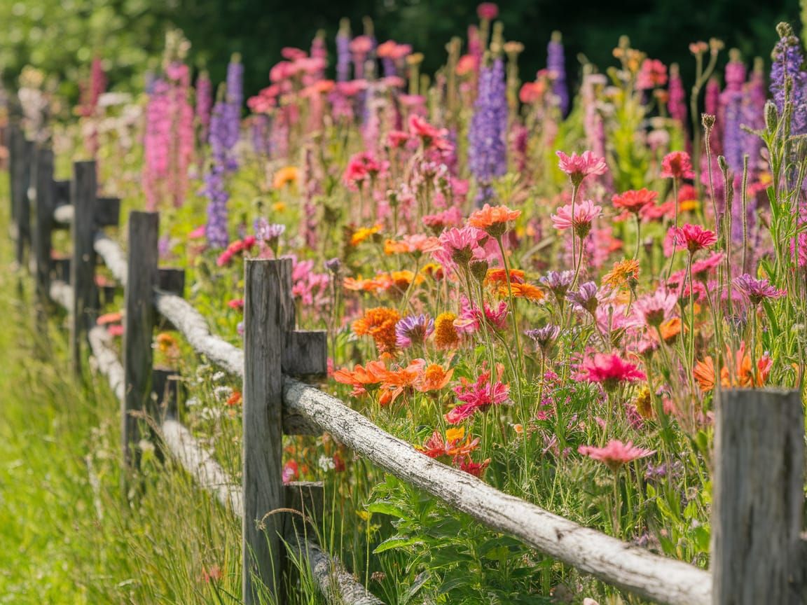 Vibrant Wildflower Garden with Rustic Wooden Fence