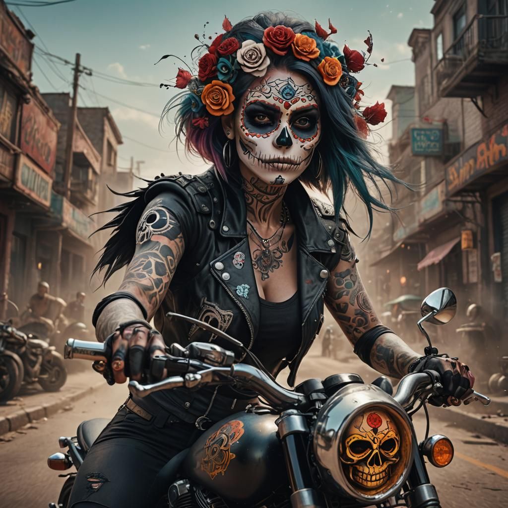 Woman on Motorcycle with Sugar Skull Face
