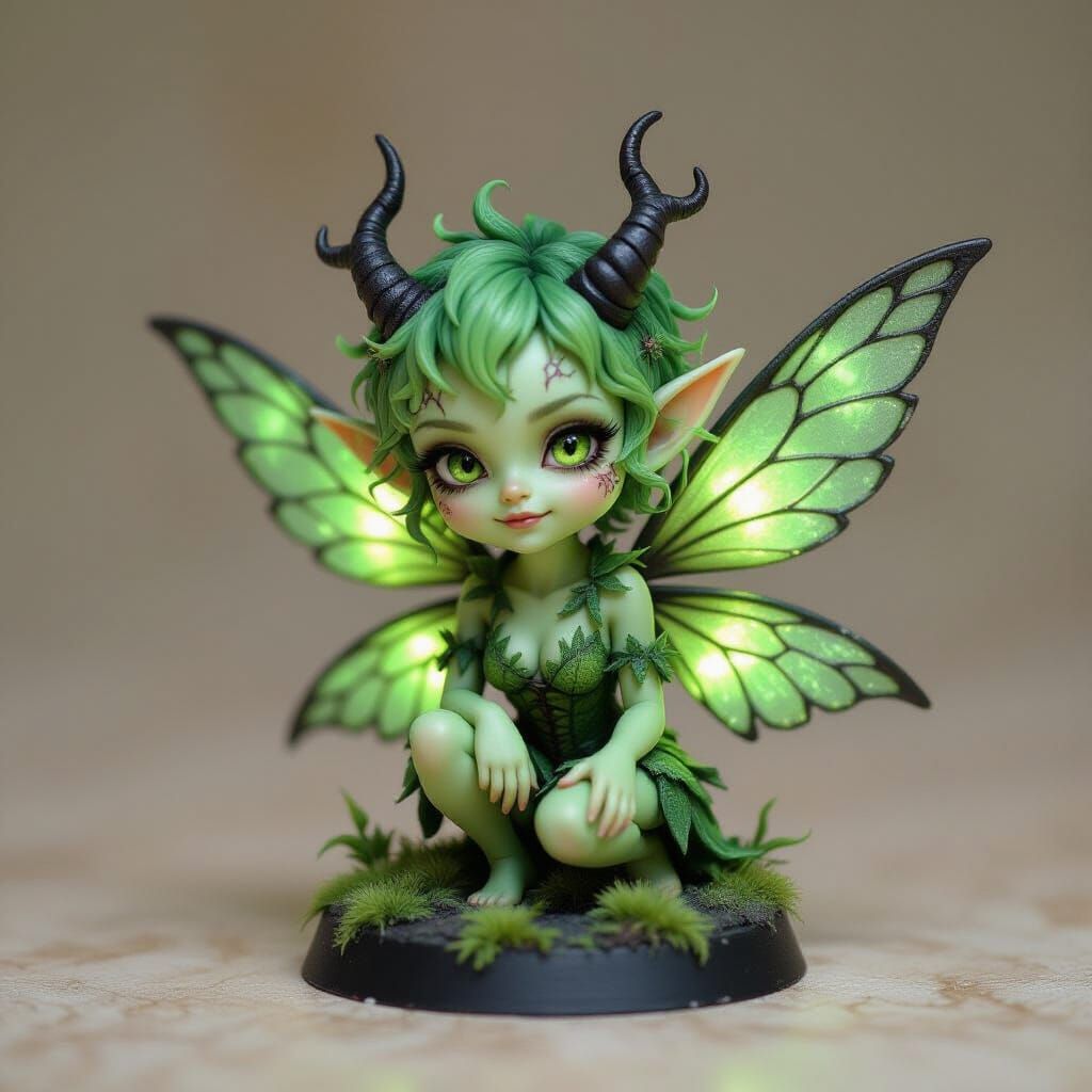 Demonic Green Pixie Portrait in 3D Anime Style