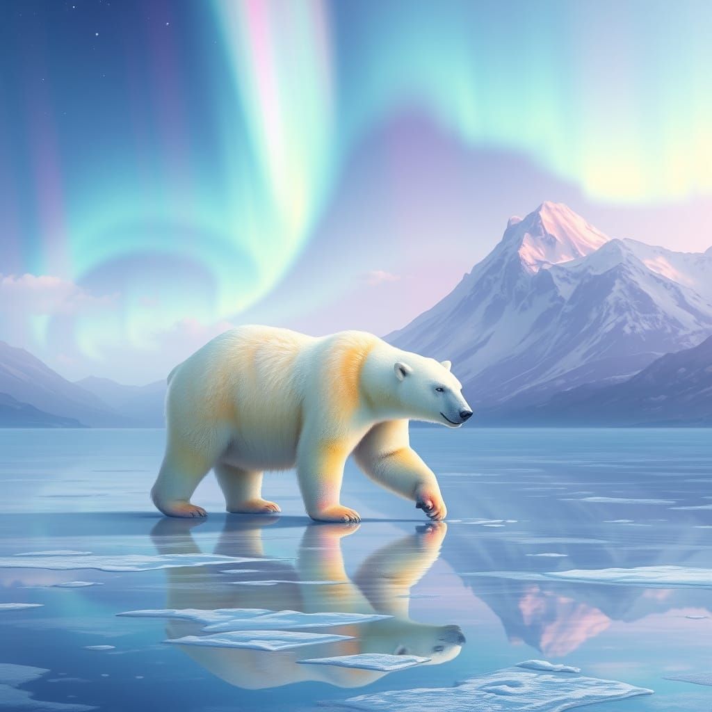 Pastel Rainbow Polar Bear Amidst Aurora Borealis in Whimsica...