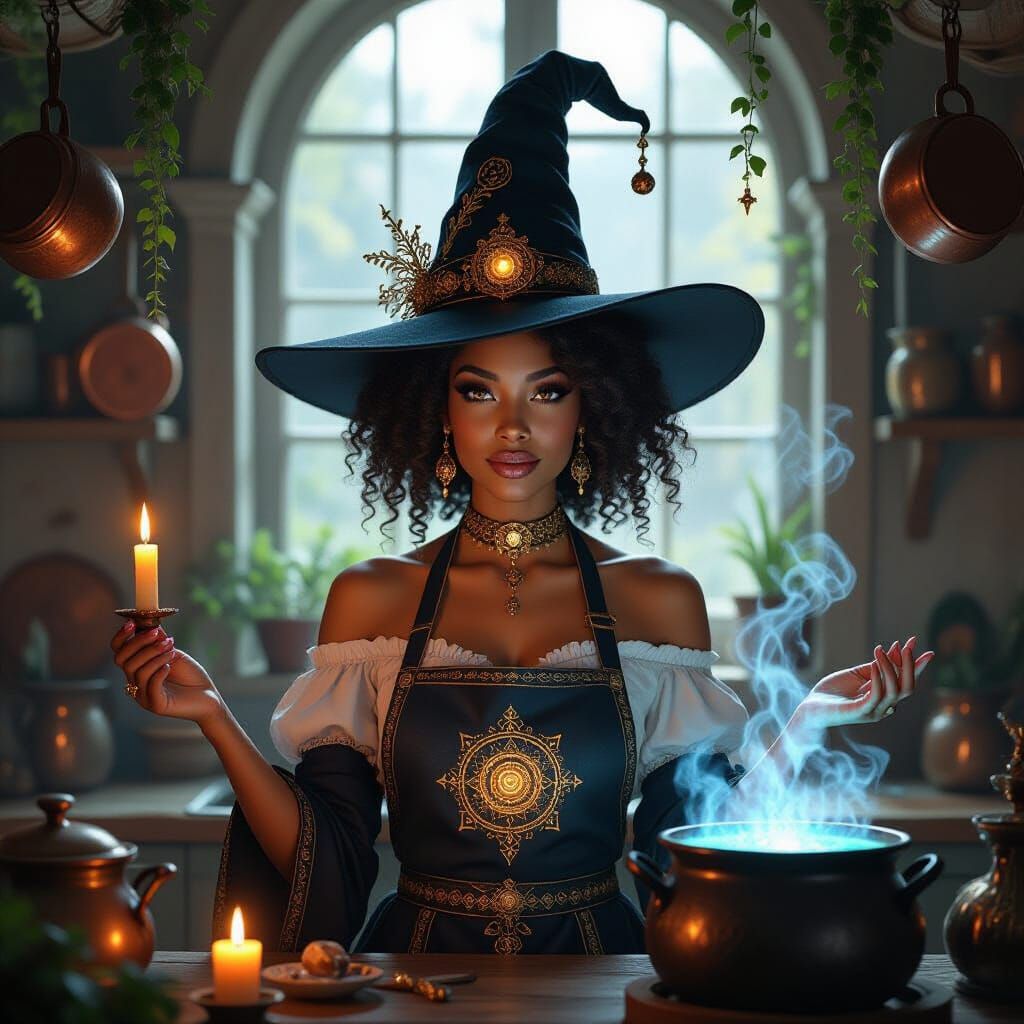 Fantasy Kitchen Witch in Regal Hat, Illuminated by Candlelig...