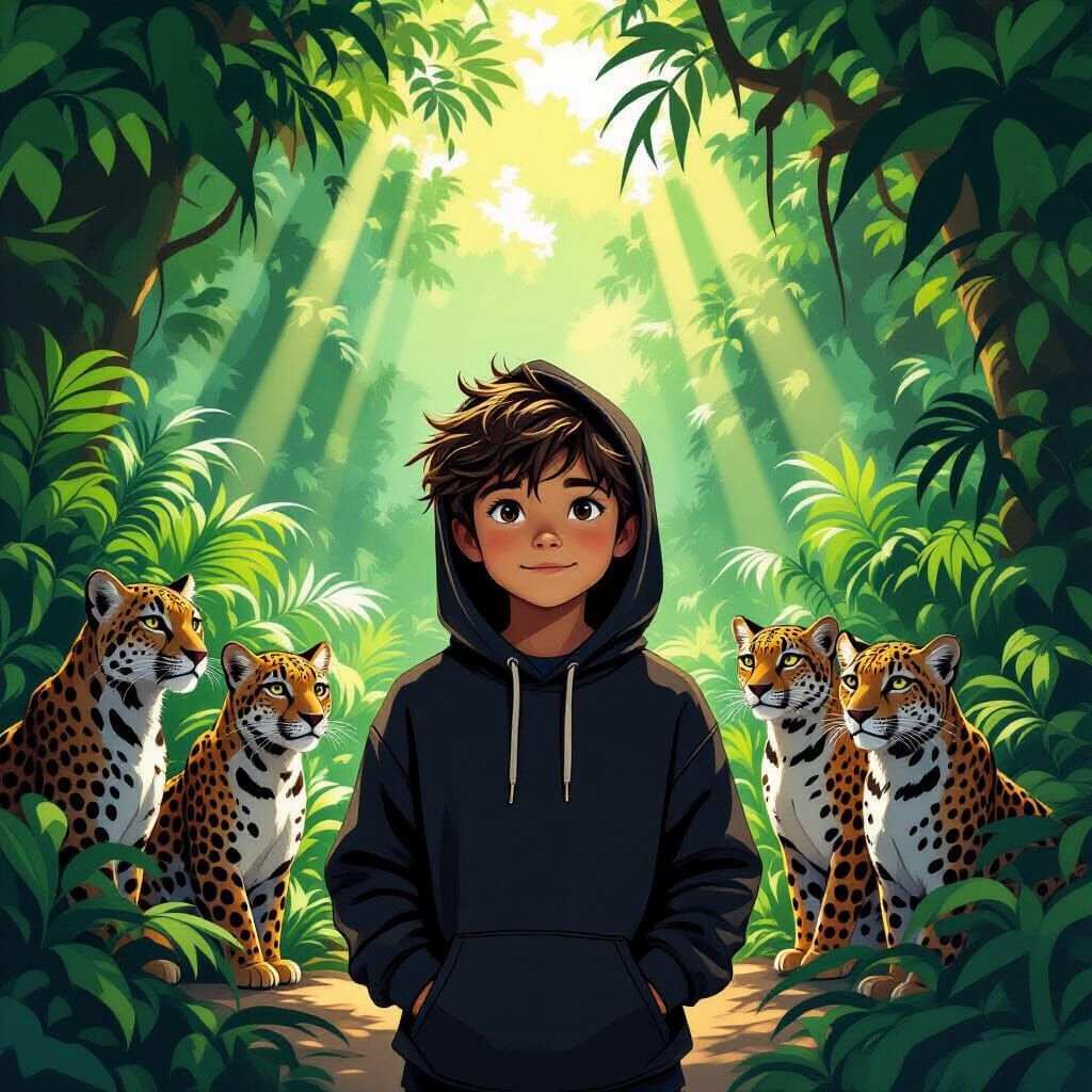 Boy in Jungle with Leopards, Concept Art Style