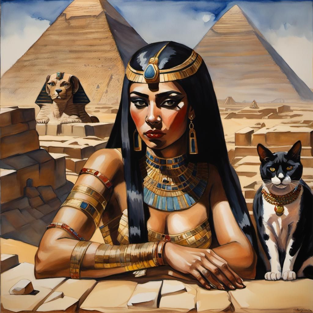 Cleopatra on Throne in Gouache Watercolor Style