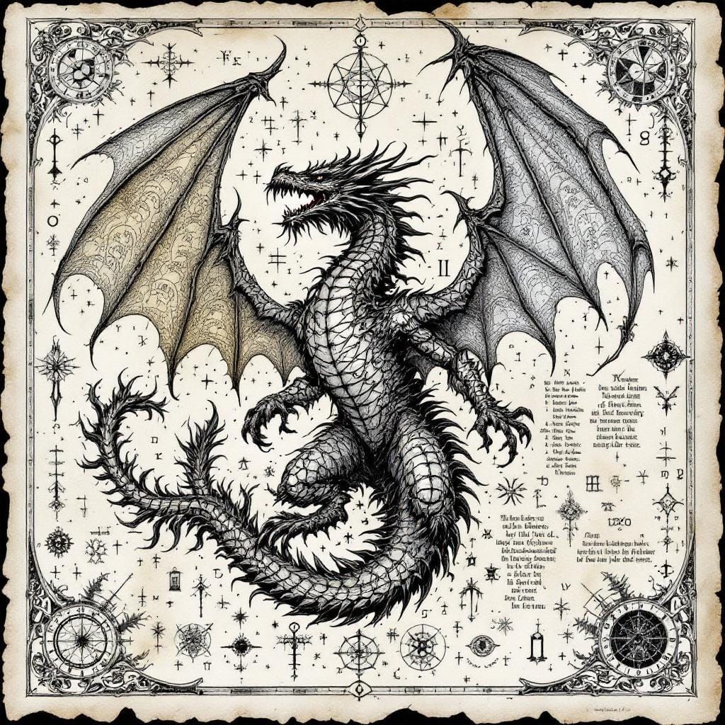 Detailed Ink Dragon Drawing on Aged Parchment