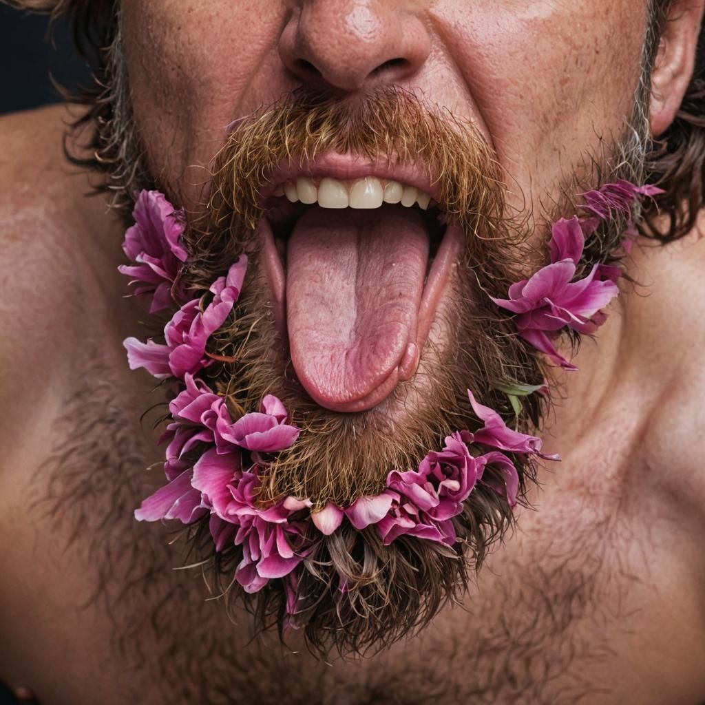 Peony Emerges from Bearded Man's Mouth