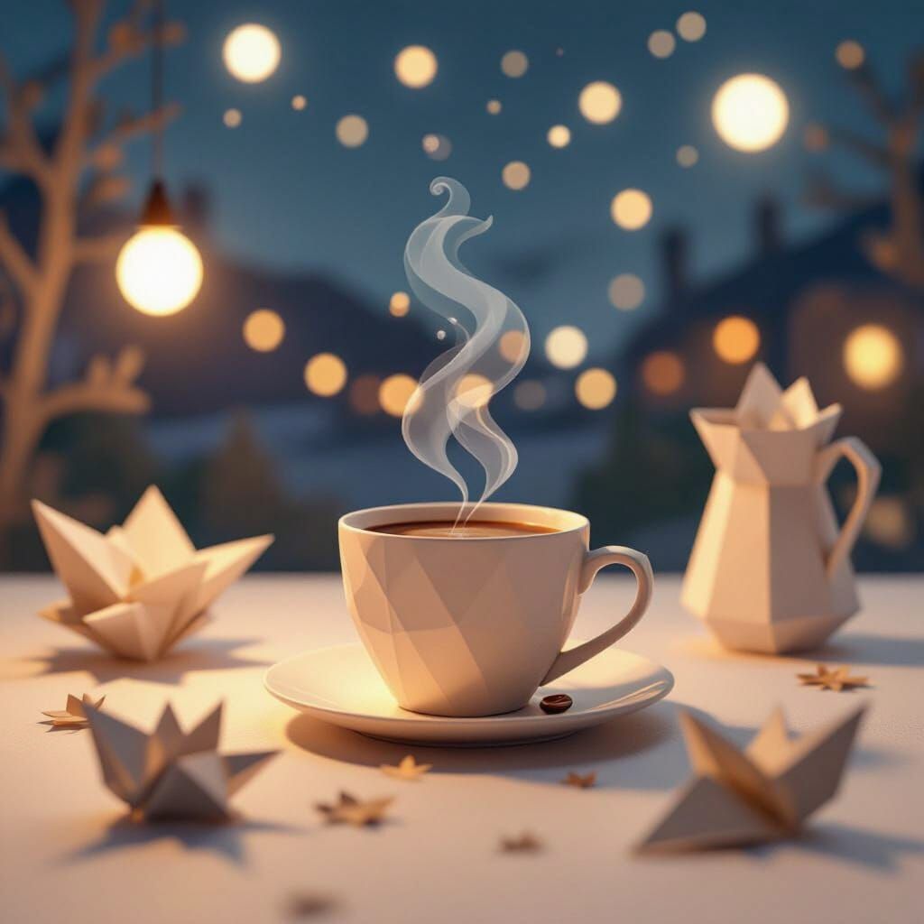 Night Coffee Scene in 3D with Papercraft Elements