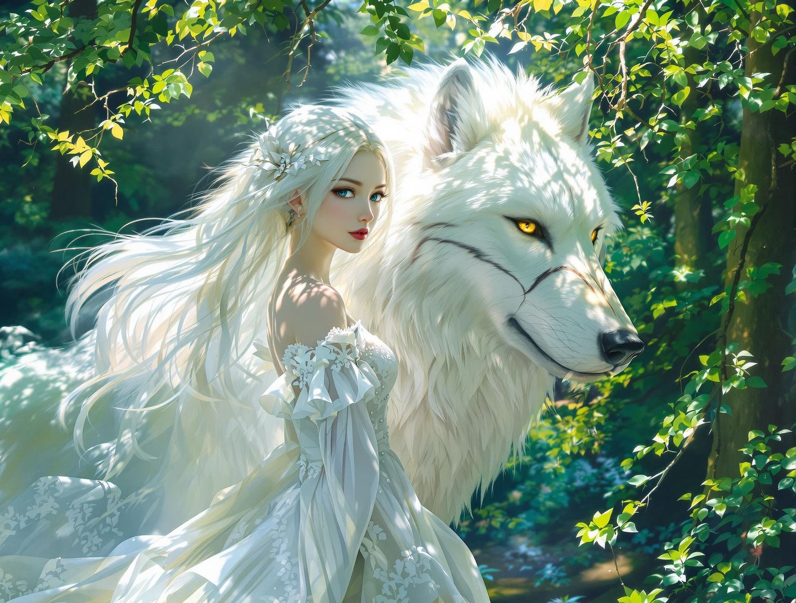 Ethereal Girl and White Wolf in Emerald Forest