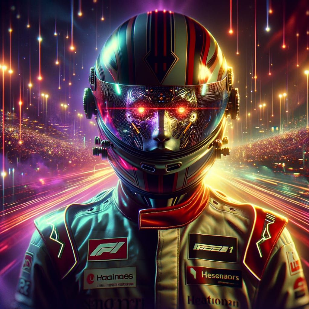 Futuristic Formula 1 Driver in Cyberpunk Neon Cityscape