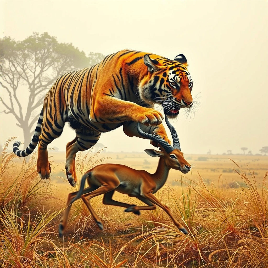 Tiger in Mid-Attack Amidst a Distressed Antelope