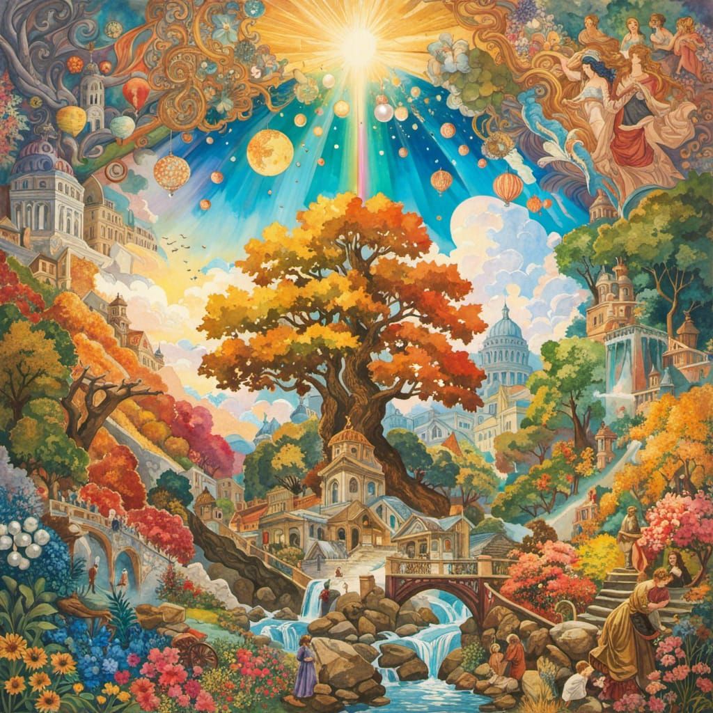 Epic Watercolor masterpiece collage painting New Heaven New Earth Clouds rainbow sunburst River of Life Pearl gate Gold ...