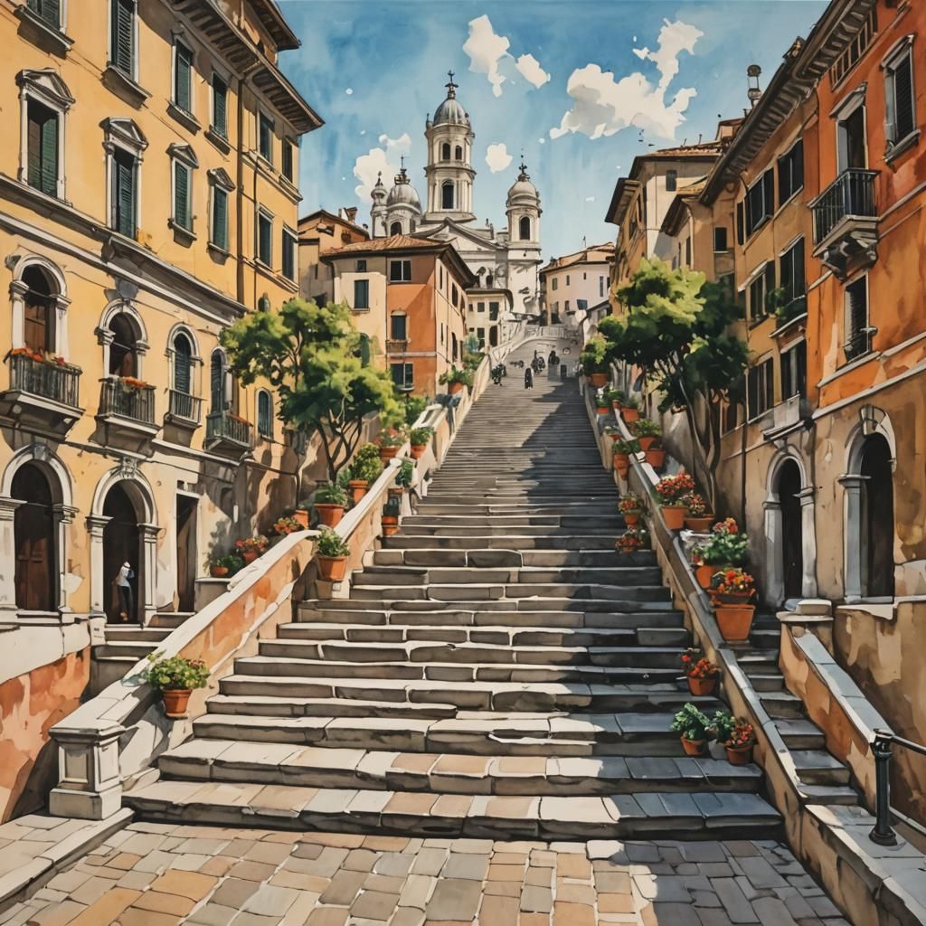 Spanish Steps in Canaletto Style Gouache