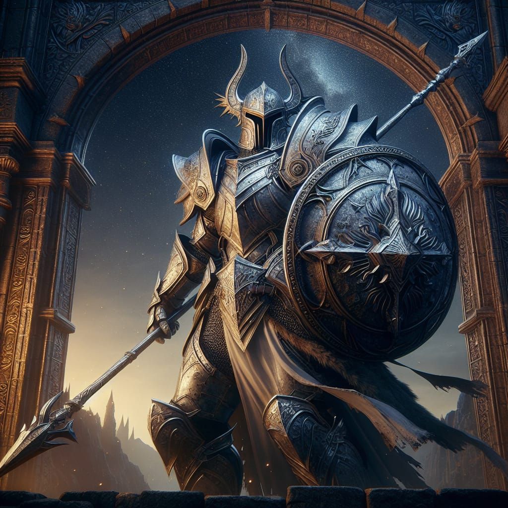 Fantasy Warrior Guarding Fortress Gate in Digital Art