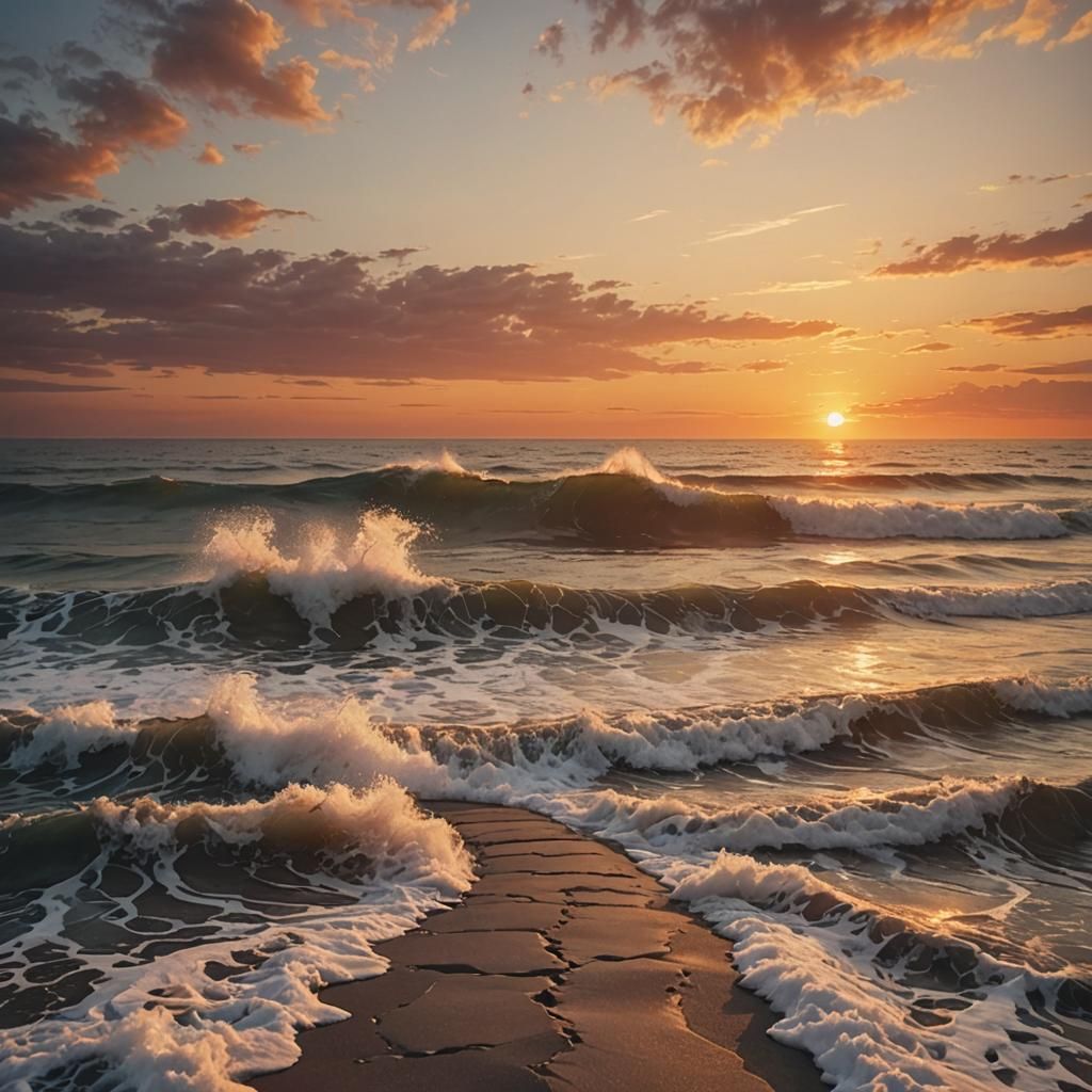 Heartbroken Sunrise: Sea Waves on a Quiet Path