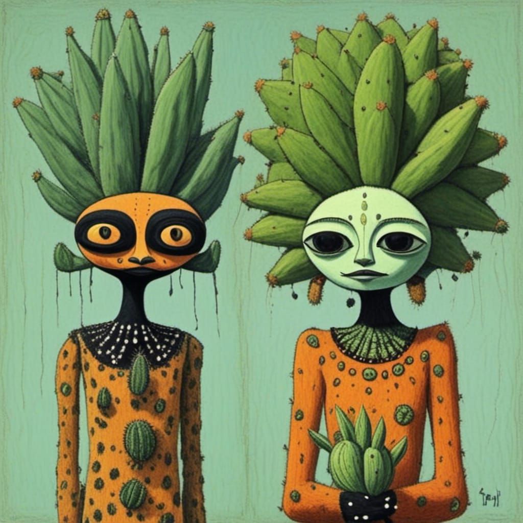 Stylized Cactus People in Abstract Digital Art