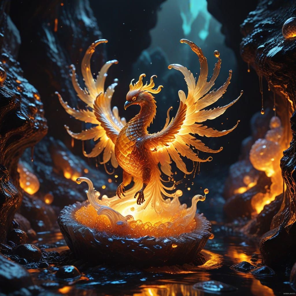 Phosphorescent Phoenix in Amber Droplet, Optical Surrealism