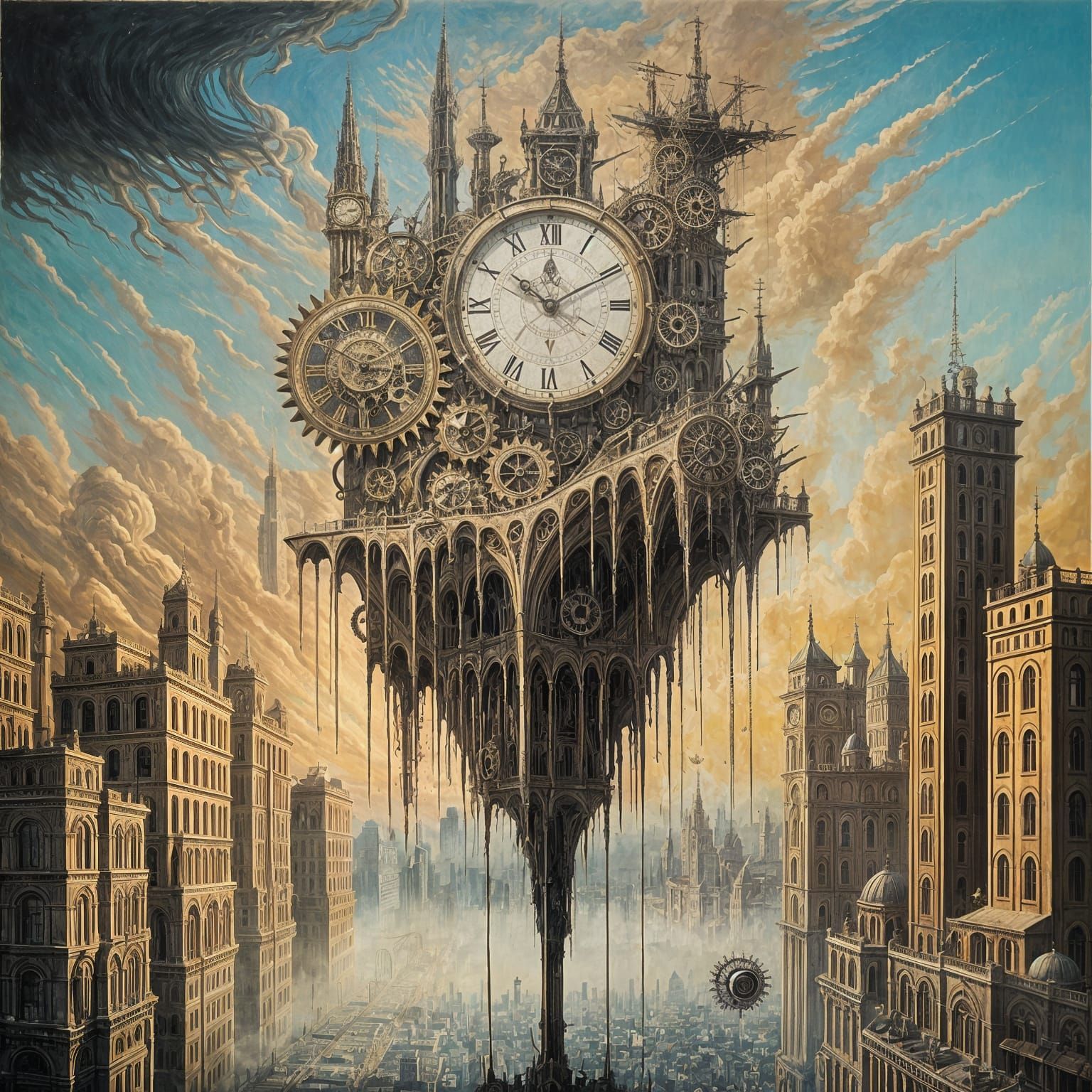 Clock Melts into Fantastical Cityscape in Surrealist Art