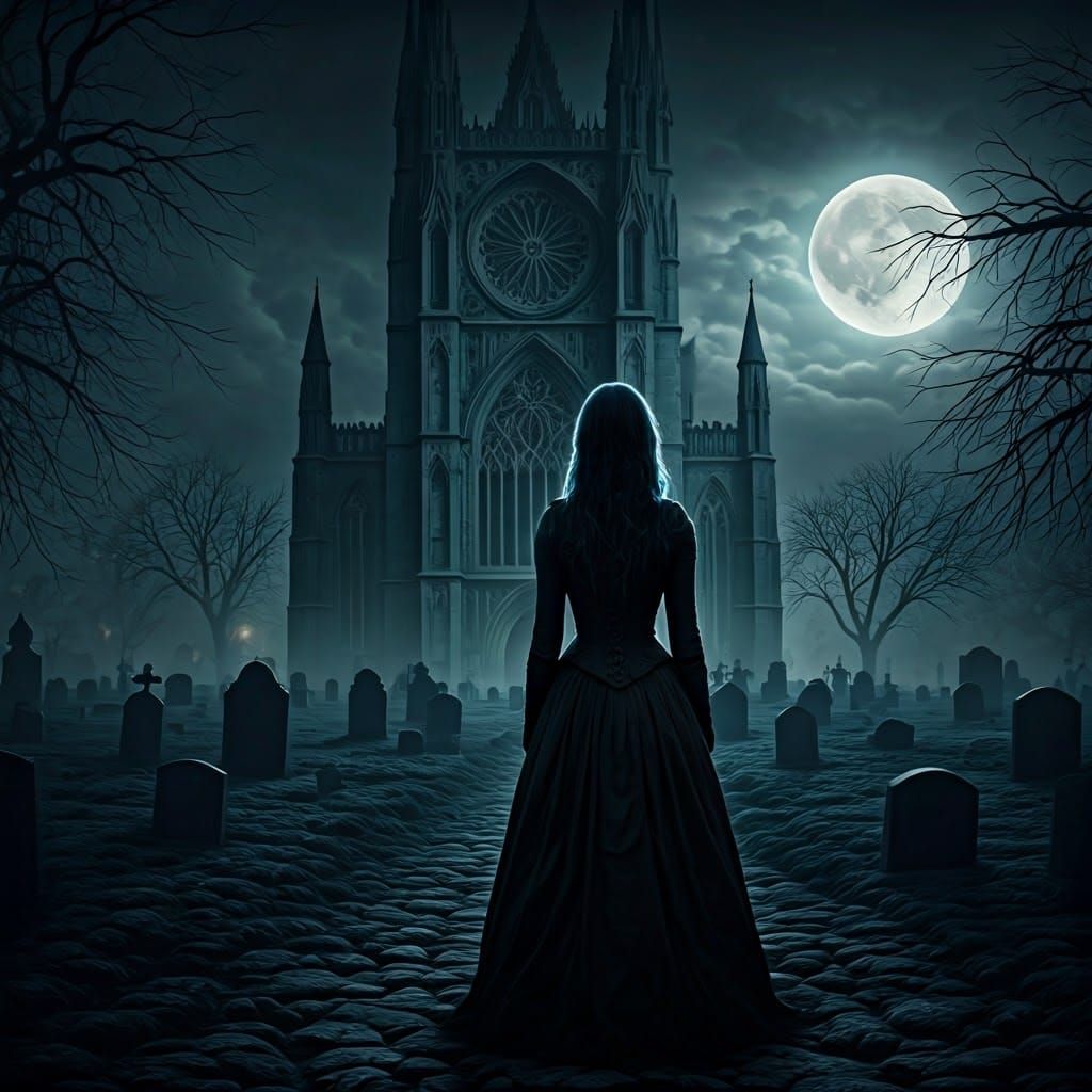 Gothic Woman Gazing at Cathedral in Moonlight