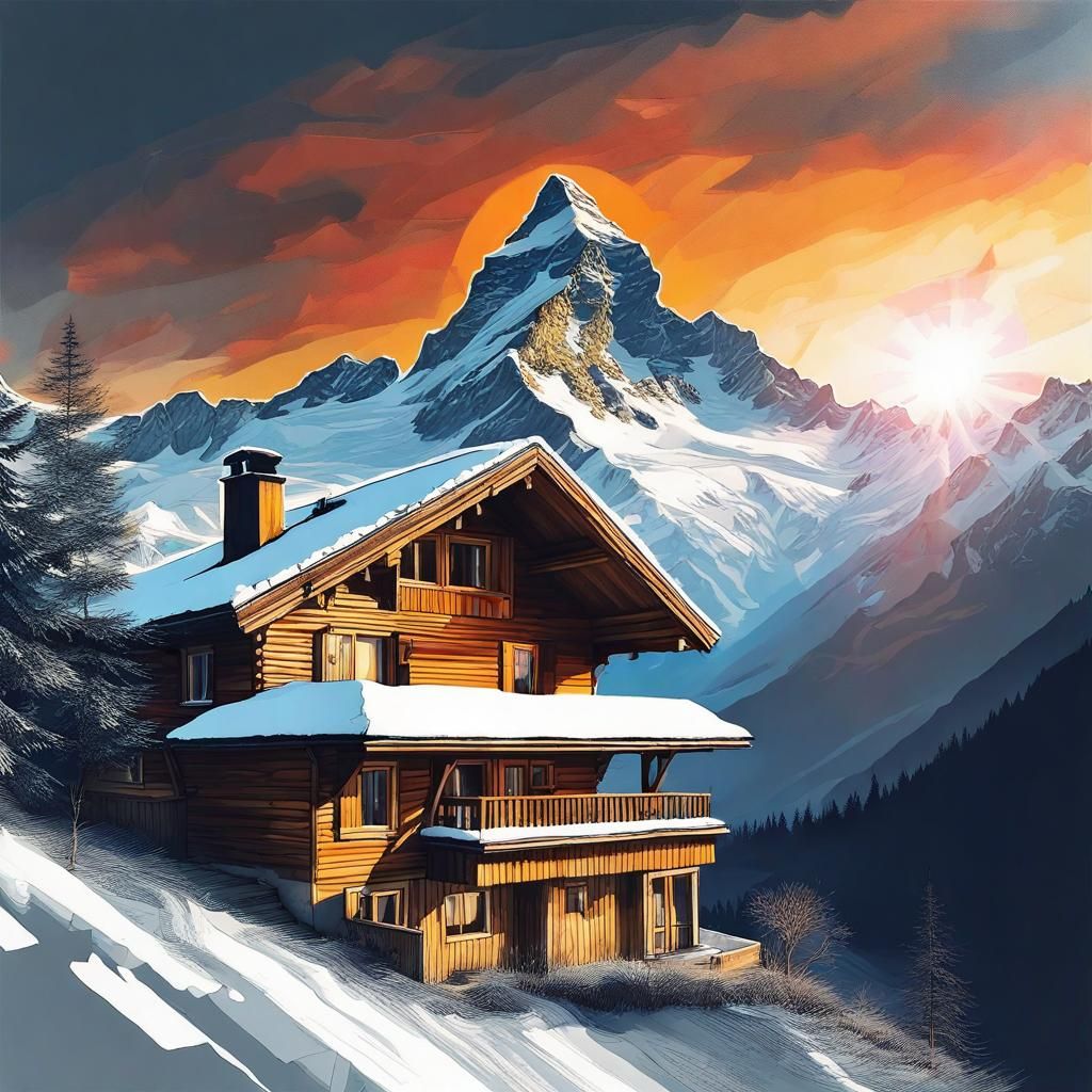 Swiss Alps Chalet Sunset in Splash Art Style