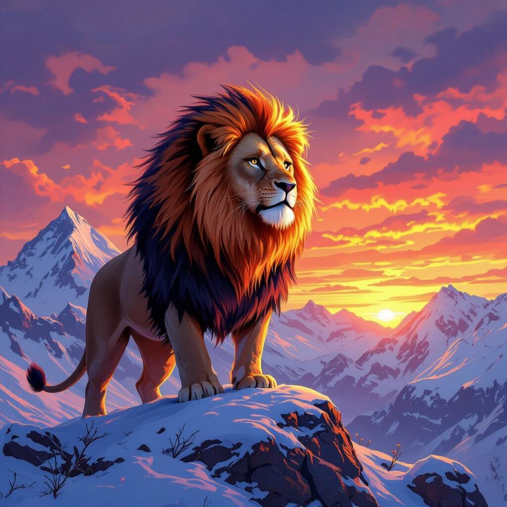 Fiery Lion on Snowy Peak at Sunset